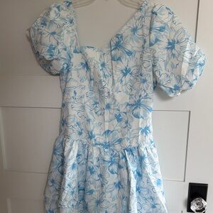 Floral Puff Sleeve Mini Dress - Blue
